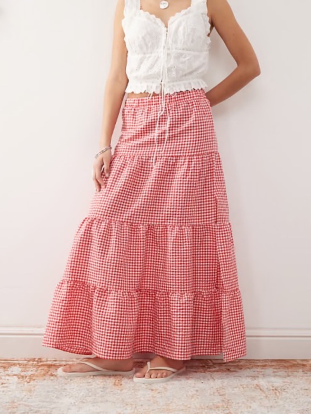 XiRENA Red and White Striped Tiered Button-Front Skirt